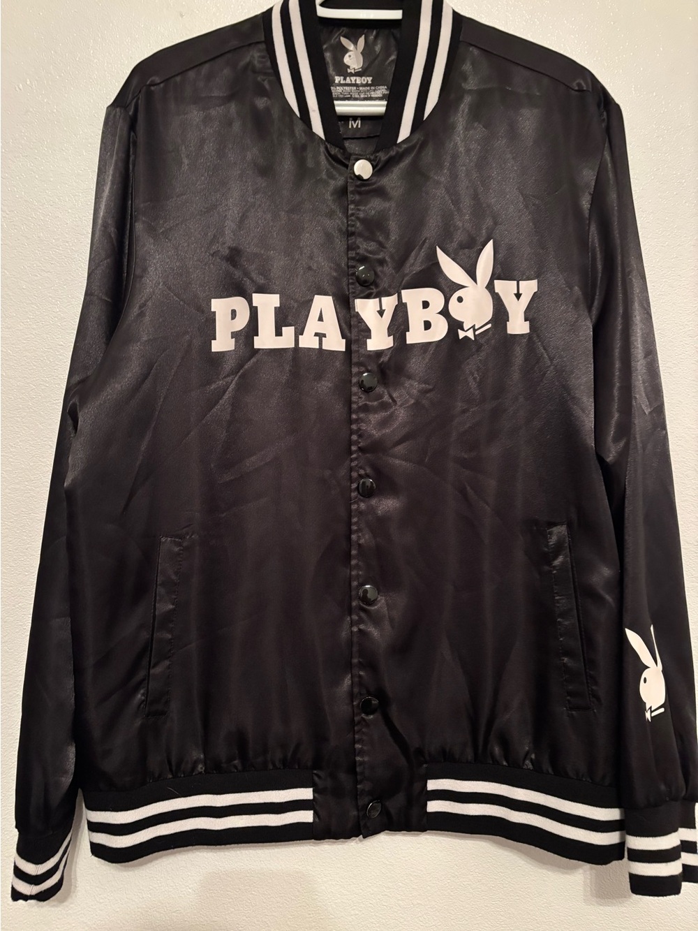 PLAYBOY Black Satin Logo Varsity Jacket M